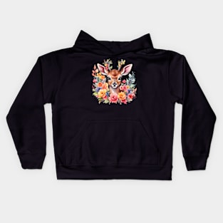 A deer decorated with beautiful watercolor flowers Kids Hoodie